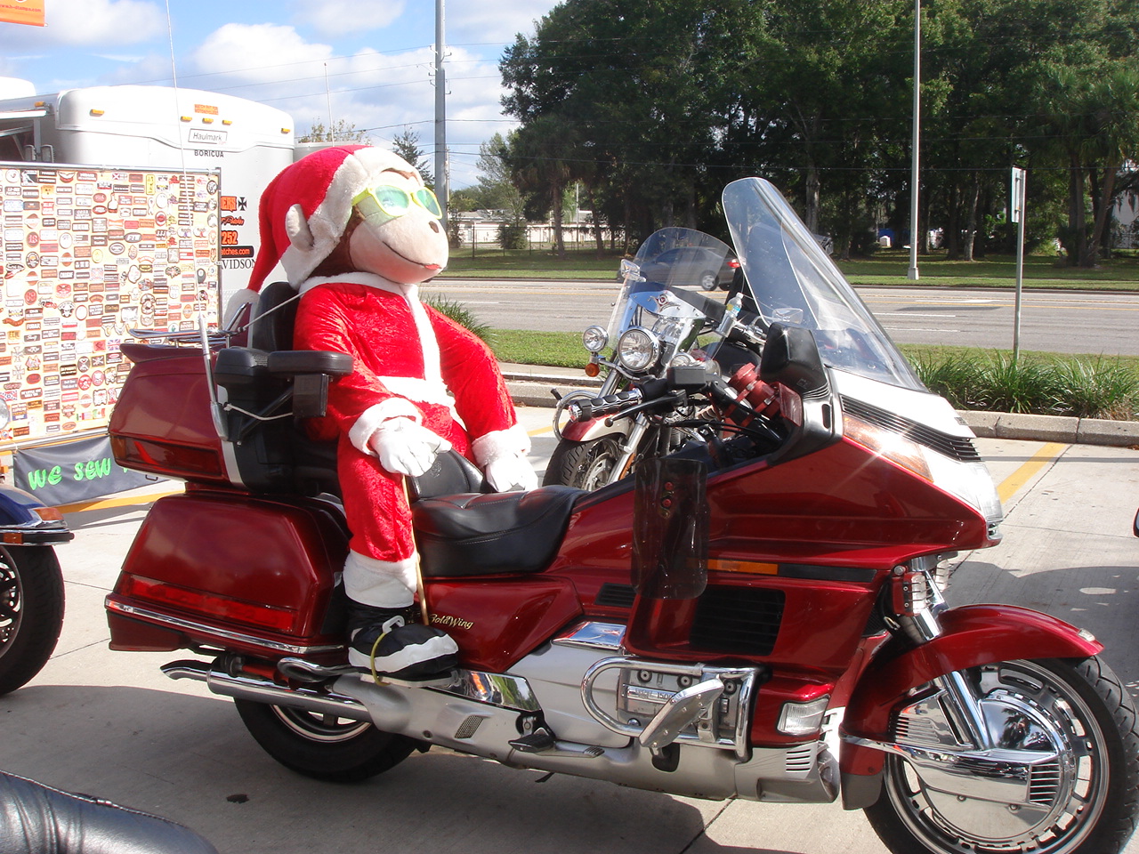 Teddy Bear Santa Clause on a motorcycle.